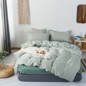 Nordic Bedding Set Green Printed Bed Linneblad Plaid Duvet Cover Enkelrum Double Queen King Quilt Cover Set Sängkläder 240x220 210319