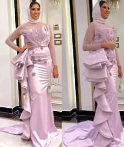 Long 2022 Lilac Sleeves Evening Dresses Mermaid Ruffles Beaded Sweep Train Satin Custom Made Formal Prom Party Gowns Vestidos