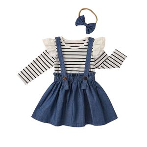 18m-6y outono primavera criança criança meninas roupas conjunto listrado manga comprida t camisa azul saias macacões crianças roupas 210515