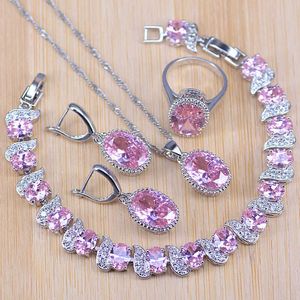 Natural Pink Crystal Silver Color Costume Jewelry Sets White Zircon Bracelets Pendant&Necklace Rings Earrings H1022