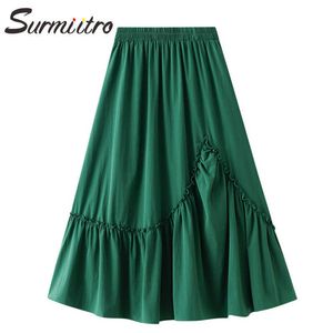 SURMIITRO Summer Midi Long Pleated Skirt Women Korean Style Green Laciness Mid-Length High Waist A Line Skirt Female 210712