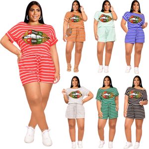 Summer Kobiety Designer Plus Size Dwie kawałki spodnie Zestaw usta Stripe Printed Shirt Thirt Shorts Outfits S-5xl