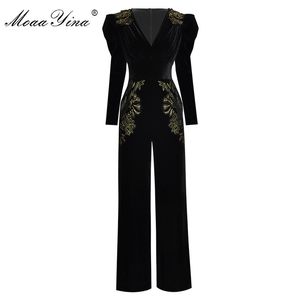 Spring Summer Designer Jumpsuits Women's V-neck Long sleeve Gold Line Embroidery Velvet 210524