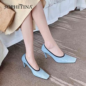 Sophitina Moda Kadın Pompaları Elastik Kumaş Süper Rahat Sığ Bayan Ayakkabı Kare Toe Eğilim Kadın Ayakkabı Stiletto AO112 210513