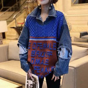 Fashion Fake Two Long Sleeve Stitching Letter Design Women Pullover Knit Loose Denim Patchwork Sweater Holes Spring 210510