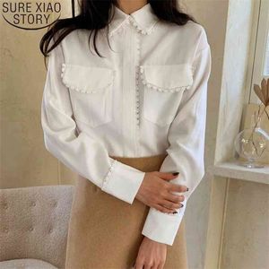 Casual Women Shirt Spring Turn Down Collar White Ladies Tops Blouses Cotton Appliques Design Pocket Long Sleeve Blusas 12714 210506