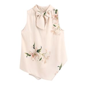 Summer Blouse Women Bow Tie Neck Elegant Print Female Tops Sleeveless Casual Ladies Chic Satin OL Shirts 210430