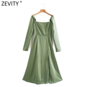 Zevity franska stil eleganta kvinnor fyrkantiga krage solid satin split midi klänning femme chic vestido tillbaka dragkedja kläder ds4896 210603