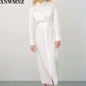 women denim white Long dress with sashes pocket turn down collar Sleeve Ladies elegant maxi Dress Vestidos Robe Femme 210520