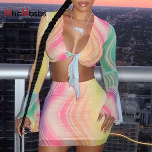 2 Piece Women Long Sleeve Sexy Crop Tops Printed Cover Up Sets Summer See Through Mesh Mini Skirts Beach Vacation Outfits 210517