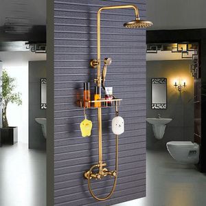 Antique Brass Shower Faucet Mixers Dual Handle Rainfall 8" Brass Shower Head with Bath Storage Shelf and Hooks Shower Water Tap