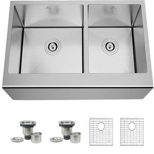 US STOCK 16 Gauge Stainless Steel Kitchen Sink Trustmade 33 x 20 Inches Apron Farmhouse Double Bowl 60 40 a10 a19 on Sale