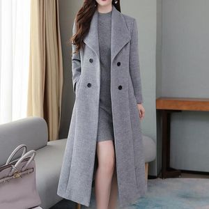 Sobretudo feminino de mistura de lã 2021 outono e inverno casaco de lã feminino lapela grossa super longo cintura fina blusão feminino vestuário exterior