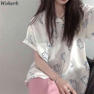 Kreskówka Niedźwiedź Bluzka Kobiety Koreański Chic Krótki Rękaw Śliczny Blusa Koszula Kawaii Casual Moda Dama Bluzki Odzież 210519