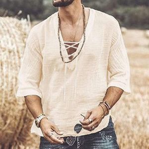 Wholesale tied up males for sale - Group buy Men s Casual Shirts Boho Clothing Half Sleeve Blouse Autumn Male Tie in Digital Print Shirt Top Loose Bandage Lace Up Camisa Hombre