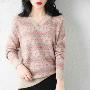 Women wear Vintage V-neck striped cashmere sweater, women's autumn and winter loose color matching sweater, women's long sleeved Y1110
