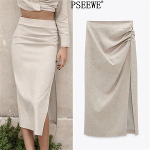 ZA Keten Karışımı Draped Uzun Etekler Kadın Moda Yüksek Bel MIDI Yan Yarık Pleats ile Zarif Yaz 210619