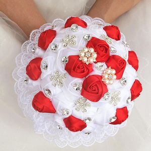 Bouquet De Noiva De Broche Vermelho venda por atacado-Flores de casamento wifelai a peça luxuosa branca vermelha rosa renda de broche bouquets de noiva Diamantes Decoração W22281