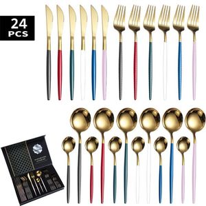 6 색 Flatware 세트 24pcs 칼 붙이 세트 나이프와 포크 스푼 스테인레스 스틸 서양 식기 뾰족한 꼬리 손잡이