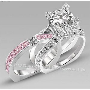 Größe 5–10 Luxusschmuck 10 Karat Weißgold gefüllt rosa Zirkonia Frauen Hochzeit Verlobungsring Set Geschenk choucong