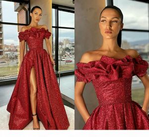 Modest Bury 2021 Prom Dresses Off the Shoulder Ruffles Sparkly paljetter Sidoslits Högdelad skräddarsydd Evening Party Gown Formal OCN Wear Vestidos