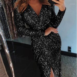 Sukienki na co dzień eleganckie kobiety błyszczące cekiny długa sukienka w stylu Vintage głęboki dekolt w serek wieczorowe przyjęcie Femme Maxi Backless Split szampana Vestidos