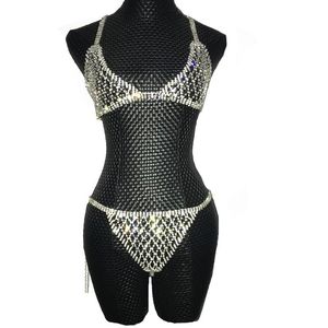 Silver Crystals Chains Bikini Bra Underwear Birthday Dance Party Sexy Wear Two Piece Set Female Singer Bling Costume Stage308N