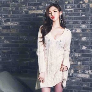 Autumn Beige gray Dress Knitting Women Dresses Cardigan V-neck Sexy Knitted Dress Long Sleeve Bodycon Sheath Pack Hip Dress 210514