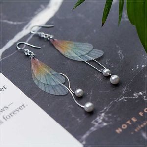 Sterling Silver 925 Colorful Transparent Wings Geometric Long Line Pearl Drop Hook Earring for Women Fine Jewelry Gift 210707