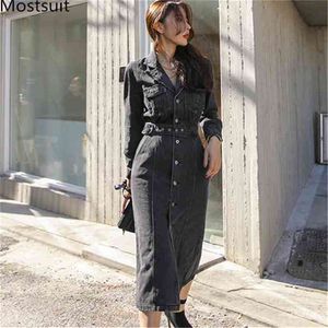 High Quality Korean Fashion Denim Long Dress Women Sleeve Belted Single Breasted Buttons Vintage Straight Spring 210513