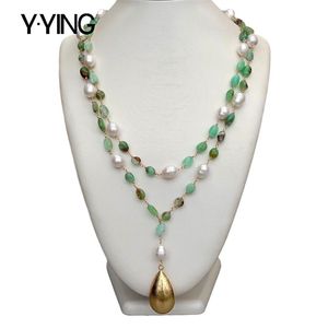 Y·YING Chrysoprase White Rice freshwater Pearl statement Necklace Heart Brushed Gold color Plated Pendant necklace 25"