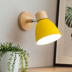 Wooden Wall lights bedside wall Lamp Nordic Wall Sconce for bedroom reading 6 color Macaroon steering Head E27 Home Lighting 210724