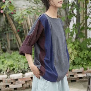 Johnature Women Patchwork Kolor Koszulki O-Neck Z Długim Rękawem Bawełniany Linen Ubrania Wiosna Vintage Kobiet Luźne Koszulki 210521