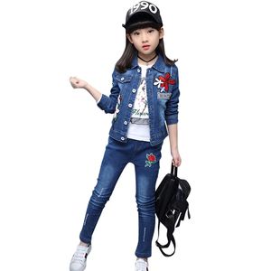 Adolescente meninas vestuário denim jaqueta + jeans terno para letra crianças roupas primavera outono 210527