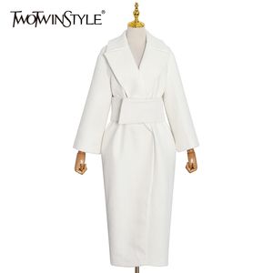 女性の襟のためのエレガントなツイードコート長袖ハイウエストベルトの気質ウインドブレーカー女性冬のファッション210524