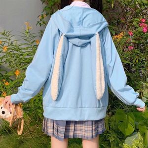 Japonya Tarzı Kadın Hoodies Bahar Moda Kawaii Tavşan Kulakları Kazak Uzun Kollu Gevşek Nakış Zip Up Hoodie Coat 210610