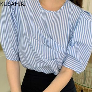 Korean Striped Blouse Shirt Casual Puff Sleeve O-neck Women Tops Summer Blusas Mujer De Moda 6H060 210603