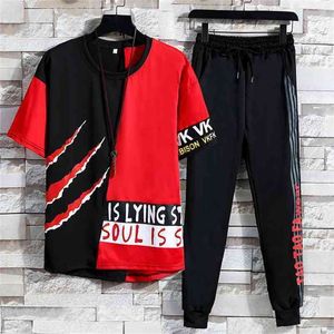 Men's Sets Hip hop Clothes Streetwear Spring Summer Outfit Male T-shirt and Pant Two Pieces Hip-hop Set Casual Plus Size 3XL 210806