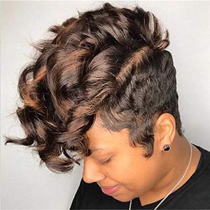 WHIMSICAL W Mulheres Pixie Cuts Cabelo Sintético Curto Marrom Vinho Perucas Naturais Resistentes ao Calor Perucas Para Mulheres Negras direto da fábrica