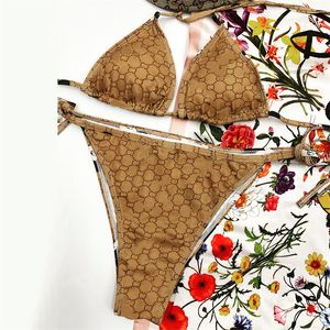 Full Brev Brown Sexiga Tjejer Badkläder Mode Två Piece Baddräkt Baklösa Triangel Sommar Bikinis Simning Semesterbadkläder