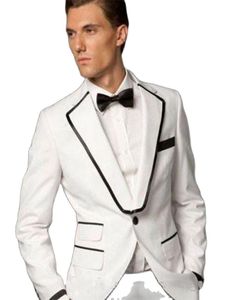 Fatos masculinos blazers 2 pcs jaqueta calça traje casual homme casaco branco com garganta preta noivo tuxedos homens formais alfaiate calças