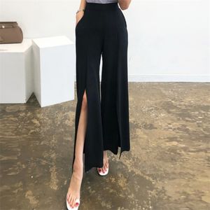 Szerokie spodnie dla nóg WKOUD Damskie czarne Solidne szyfon Loose Y2K Lato Cienkie spodnie Side Split High Waist Kobieta P8383 210925