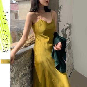 Vintage satin dress french lady elegant v neck chic sexy slim strapless midi party dresses summer women clothing 210608