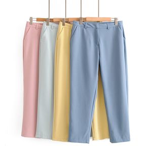 Mulheres Chic Escritório Desgaste Calças Candy Cor Zipper Fly Feminino Feminino Ankle-Comprimento Calças Senhoras Trabalho Pantalones 210430