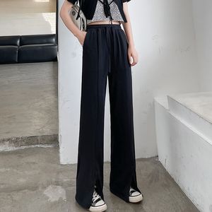 Womens Vintage Wide Leg Pants Casual Solid Color Elastic High Waist Polyester Trousers Summer Plus Size Loose Comfortable Split Pant