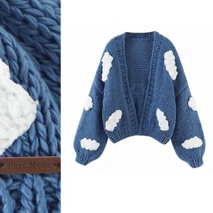 New design women's fashion luxury handmade knitted crochet white cloud pattern coarse wool knitted short loose sweater cardigan coat