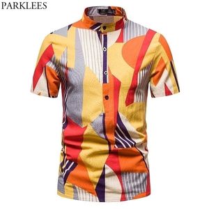 Geometric Splicing Mens Hawaiian Shirt S Sleeve Banded Cotton Beach Shirts Men Baggy Cotton Linen Holiday Vacation Clothing 210522