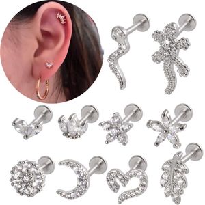 Stud 1PC Tiatanium Bar Base piatta Orecchino Labret Trago Cartilagine Cuore Corona Fiore Luna Zircone Orecchini a bottone Penetranti per il corpo Gioielli