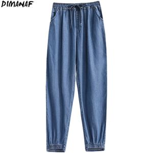 DIMANAF Plus Size Women Jeans Pants High Waist Denim Harem Female Elastic Drawstring Pockets Blue Trousers Large Size S-5XL 210730