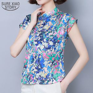 Весна Летний стиль шелковый короткий рукав цветочные блузка женщины Blusas плюс размер печатных пуловер женская рубашка для похудения 8681 210508